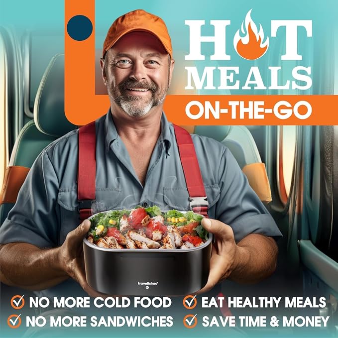 TRAVELISIMO Electric Lunch Box for Adults 100W Heated Lunch Box For Men 1.5L Stainless Steel Portable Food Warmer, 12/24/110V for Travel & Work, Loncheras Electricas Para Calentar Almuerzo