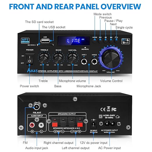 Bluetooth 5.0 Audio Amplifier Receivers-AK45 HiFi Stereo Mini Power Amplifier RMS 40W x 2 Max. 600W 2.0 Channel Home Theater Audio Components Speakers Amp W/MIC,USB, RCA,FM Radio