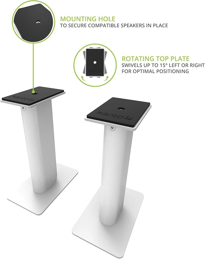 Kanto SP9W Desktop Speaker Stands for Small/Medium Bookshelf Speakers & Compact/Mid-Size 2”-4” Studio Monitors 8.3" Tall Pair White