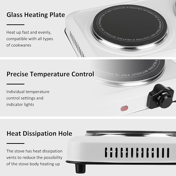 1800W Infrared Double Burner, Portable Hot Plate for Cooking, Countertop Burner with 7.5” & 6.3” Glass Plate Electric Cooktop with Stepless Temperature Adjustments for Home RV Camping