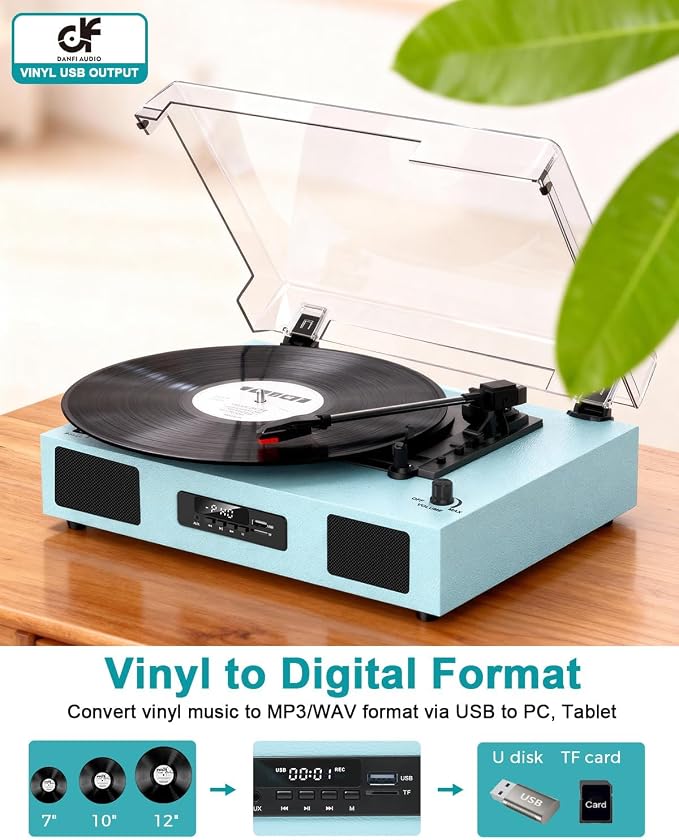 Vinyl Record Player with Bluetooth, 3-Speed Belt-Drive Turntable with Built-in Speakers, USB Recording, RCA/AUX/Headphone Jack, Classic Blue Record Player