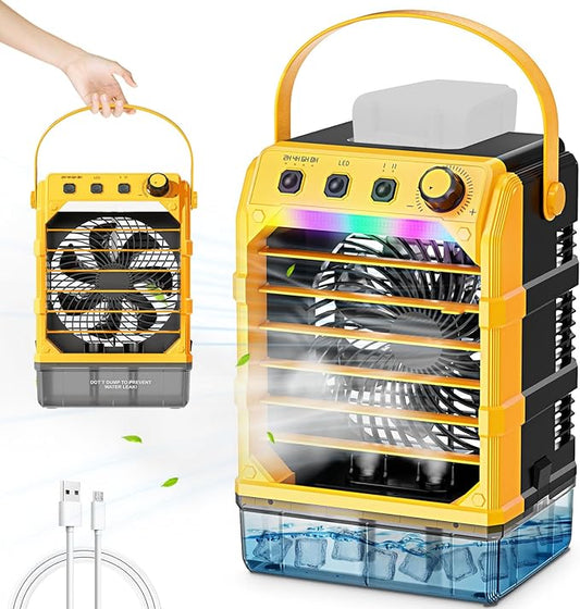 Portable Misting Fan Compatible for Dewalt 20v 60v Battery(NO Battery), Water Misting Fan With TYPE C Cable, 1.6L Water Tank, 8H Timer, Variable Wind Speed & LED Light For Jobsite Patio Outdoor