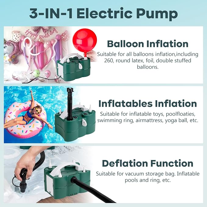 Voircoloria Balloon Pump Electric, 3-in-1 Portable Automatic Dual Nozzle Inflator 110V with Tying Tools for Birthday Gender Reveal Baby Shower Balloons Party Decorations(Green)