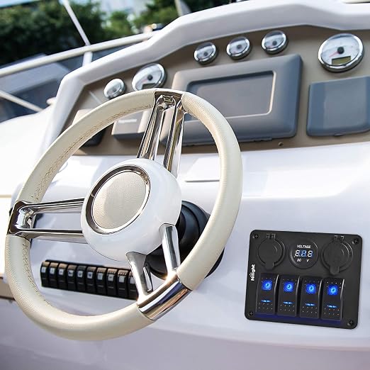 Nilight - 90117G 4 Gang Rocker Switch Panel Waterproof Pre-Wired Aluminum Switch Panel with Dual USB Cigarette Lighter Socket Voltmeter12V-24V DC ON Off Switch Panel for Cars Rvs Trucks, Blue