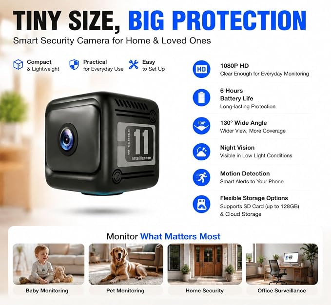 Mini Security Camera, 1080p HD Wireless Indoor Cam with 6-Hour Battery & No WiFi Needed for Recording, AI Motion Detection Night Vision for Home, Baby, Pet, Office Monitoring, Black (NOT 4G LTE)