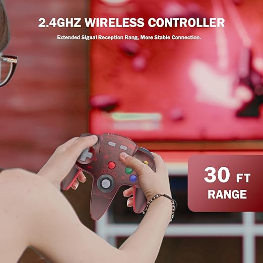 KIWITATA N64 Wireless Controller for Switch Games, 2.4GHZ Rechargeable N64 Remote Joystick Wireless Gamepad Controller Compatible with N64 System, Raspberry Pi, MAC,PC Windows 7,8,10,11 Clear Red