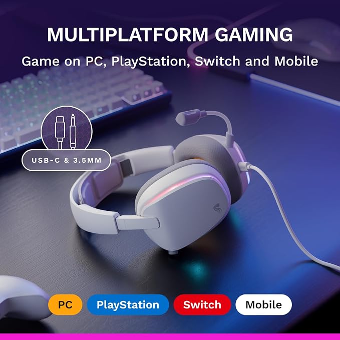 GLORIOUS GHS Eternal RGB - Stereo RGB Gaming Headset for PC, PS5, PS4, Switch - Custom Tuned Angled Drivers, Adjustable Crystal Clear Detachable Mic, USB-C - Durable, All Day/Night Comfort - White