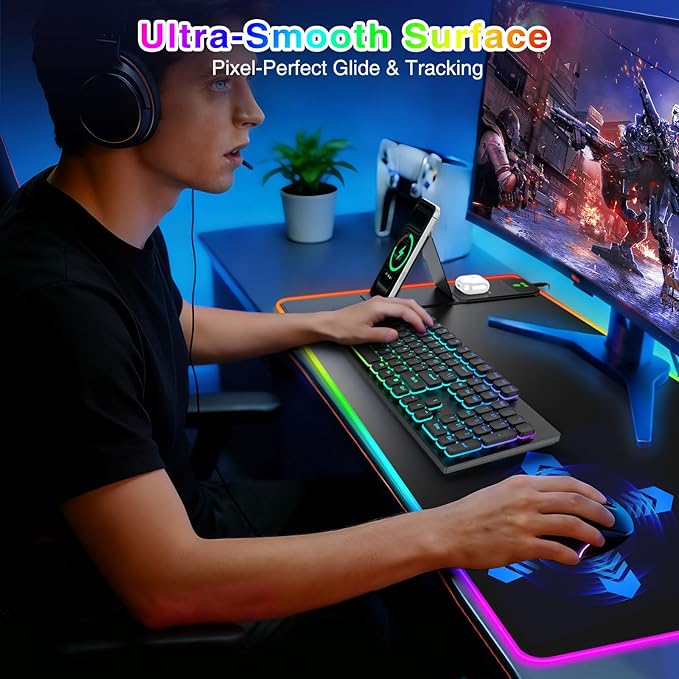 XXL RGB LED Gaming Mouse Pad with Magnetic Wireless Charger & Foldable Phone Holder, 31.5"x15.8" Extended Ultra-Smooth Desk Mat, 25 Lighting Effects, Non-Slip Base, Includes 20W PD Adapter