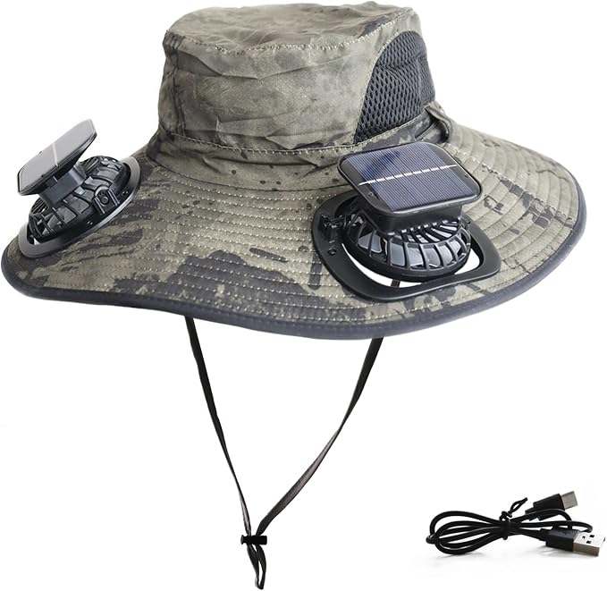 Solar Fan Hat Rechargeable 2Detachable Solar Fans,Water-Repellent Wide Brim Bucket Hat, Outdoor Camping Hiking Golf Sun Hat