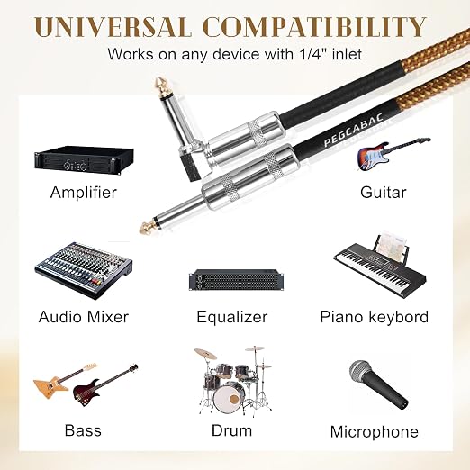 10FT 2-Pack Guitar Cable, TS 1/4 Inch Straight to Right Angled Gold Plated Instrument Cable for Electronic Guitar/Bass and Keyboard