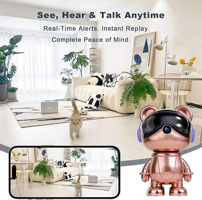 Cute Bear 3K Security Camera – Indoor WiFi Baby Monitor & Pet Camera with AI Motion Tracking & Auto-Follow, 5MP Pan/Tilt, Anti-Glare IR Night Vision, Privacy Mode, Works with Alexa & Google Home（TDB5）