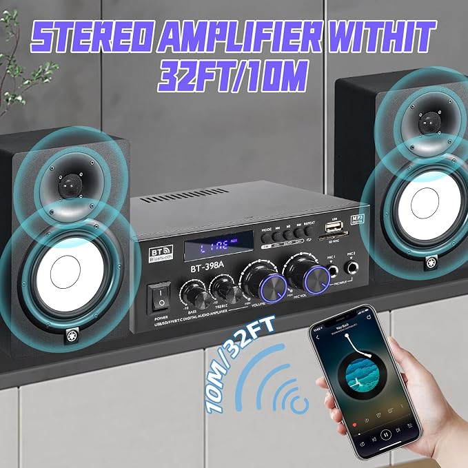 Joengoep BT-398A Stereo Audio Amplifier,Receiver for Speakers Max 900W,2.0 Channel Stereo Receiver with FM Radio,USB/SD/AUX Optical & Coaxial Input for Passive Speakers
