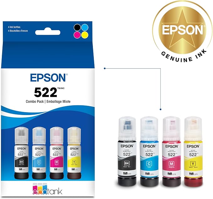 Epson 522 EcoTank Ink Ultra-high Capacity Bottle Black & Color Combo Pack (T522120-BCS) Works with ET-2720,2800,2803,2840,4700,4800,4810,(Pack of 2)
