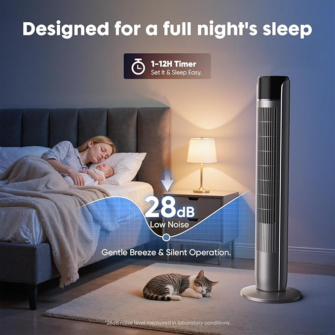 OLIXIS Tower Fan for Bedroom, 60°Oscillating Fan with Remote, 25ft Far, 28dB Quiet Electric Standing Fan, 12 H Timer, 5 Speeds, 4 Modes, Bladeless Floor fan for Home, Office, Indoor, 36 Inch