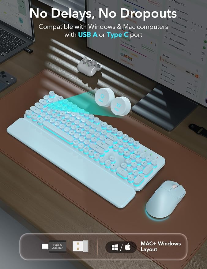 Wireless Keyboard and Mouse Backlit - Typewriter Keyboard with Detachable Wrist Rest, Light Up Letters, 2.4G Rechargeable Combo for Mac, Windows, PC, Laptop, Trueque (Blue)