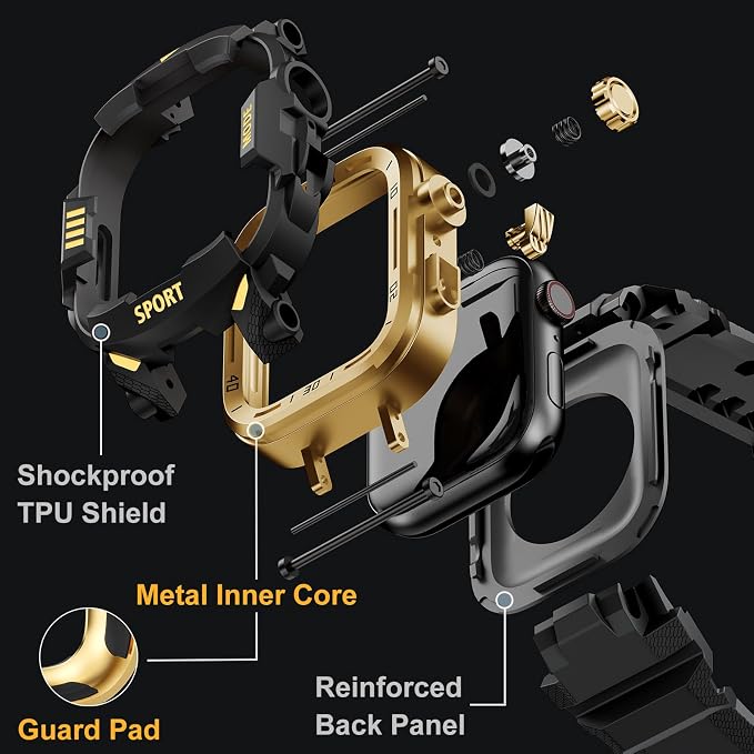 DABAOZA Rugged Case with Band Compatible with Apple Watch 44mm, for iWatch Series 6/5/4 & SE 3/2/1,Military Grade Shockproof Bumper and Men's Tactical Heavy Duty Strap (Black/Gold,44MM)