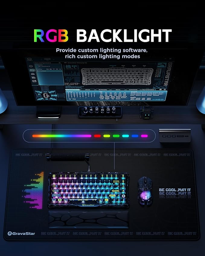 GravaStar Mercury K1 Lite 75% Gaming Keyboard, 2.4GHz/BT/Wired Tri-Mode Wireless Keyboard, Gasket Hot Swappable Mechanical Keyboard, Pre-lubed Linear Switches, RGB Backlit【Transparent Black】