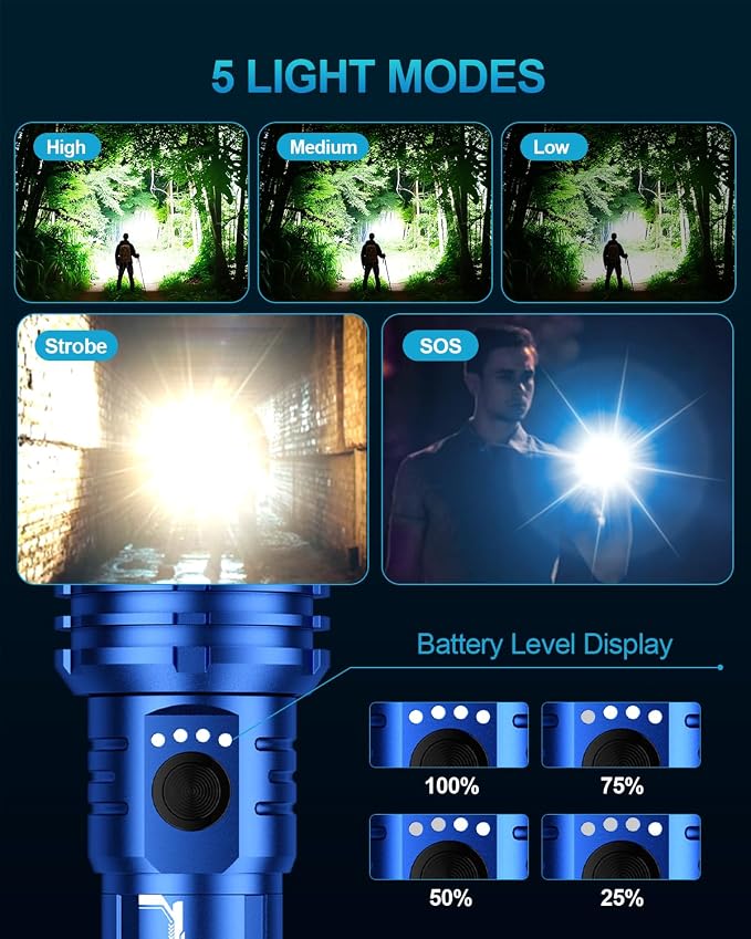 Flashlight 2000 High Lumens, Rechargeable Zoomable LED Tactical Flashlight with Ignition Lens, Emergency Flashlight for Camping Home Security, 5 Modes Waterproof Handheld Flashlights (Blue)