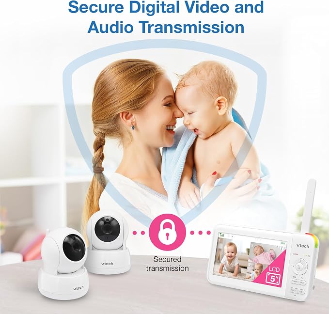 VTech Baby Monitor No WiFi, 2 Cameras – Monitor Two Rooms, Remote Pan-Tilt-Zoom, Hack-Proof, 5" Screen, 17Hr Battery, 1000ft Range, Night Vision, Temperature Sensor | 924-2W