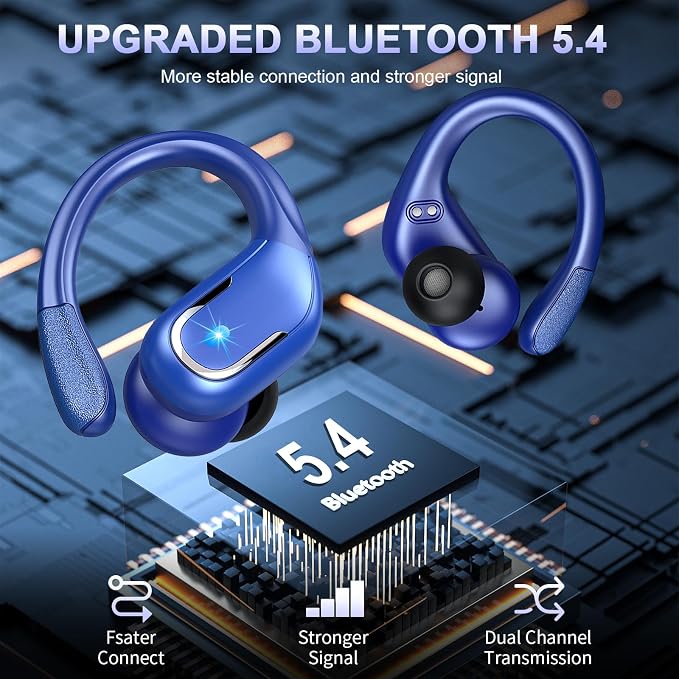 Ltinist Wireless Earbuds, 75hrs Bluetooth 5.4 Headphone Sport, Bluetooth Earbuds Deep Bass Over Ear Buds with Earhooks, ENC Noise Cancelling Earphone Mic, IP7 Waterproof for Workout/Running/Gym Blue