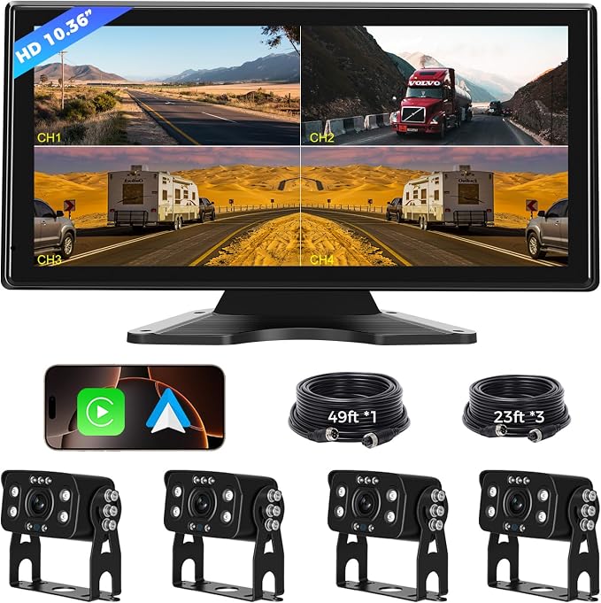 Truck RV Camera System with CarPlay & Android Auto,10.36'' Touch Screen with Recording & Voice Control & Navigation, 4 HD1080P IR Wired Rearview Backup Camera for Semi Trucks, RVs, Trailers