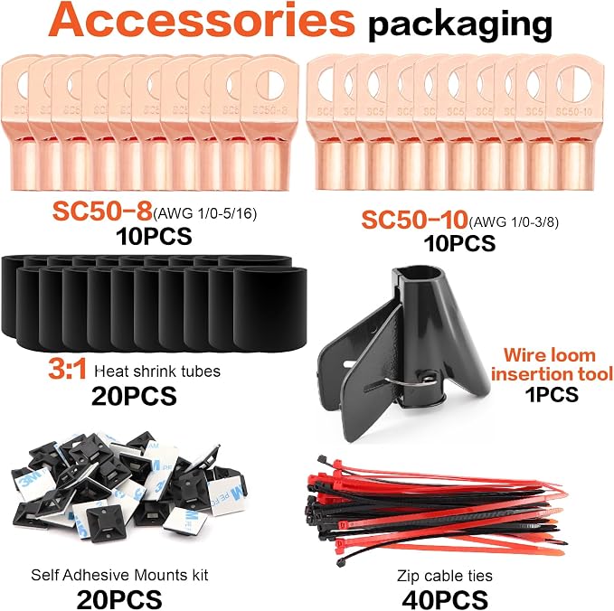 1/0 Gauge Wire(20ft Each - Red/Black) Copper Clad Aluminum CCA Automotive Wire with 40ft 1/2" Cable Sleeve - Ideal for Car Audio, Solar, Auto, RV, Marine Power & Ground Cables