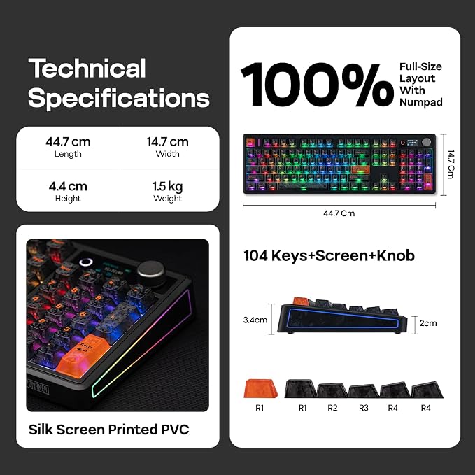 EPOMAKER TH108 V2 PRO Full Size Mechanical Keyboard with Screen&Knob, 10000mAh, BT/2.4Ghz, Mac Modifier PBT Keycap, Hot Swap, RGB, Gasket, Wireless Gaming Keyboard for Mac/PC (Black, Sea Salt Silent)