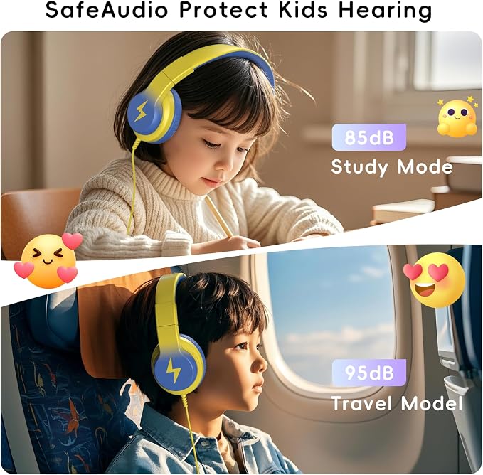 Candy Bila Kids Headphones, Wired Headphones for Kids Over Ear with Microphone, 85/94dB Volume Headphone for Girls Boys, Foldable Headphone for Learning & Entertainment, Light Yellow