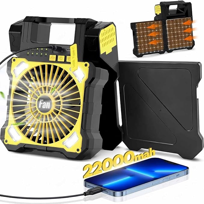 22000mAh Camping Solar Fan, Dual-Panel Rechargeable Solar Powered Fan with LED Light, 5 Adjustable Speeds Battery Powered Portable Fans, USB-C Fans for Travel Tent Home Camping Accessories