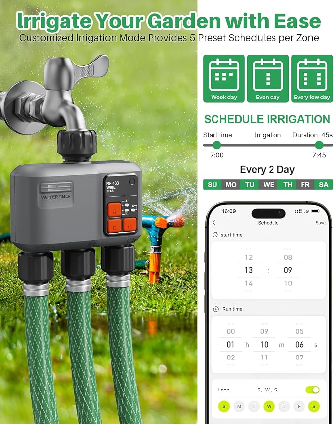 WiFi Sprinkler Timer 3 Zone with 984 FT Range, 3 Outlet Smart Water Timer for Garden Hose with Strong Wall Penetration/Rain Delay/Alexa & Google Voice/App Control, Water Hose Timers for Garden & Lawn