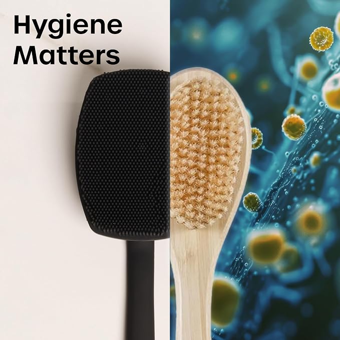 The Man 18.5 Inch Silicone Back Scrubber for Men | Long handle reaches back, shoulders, legs and feet; soft silicone bristles cleanse and exfoliate with body wash