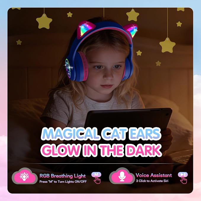 IFECCO Kids Wireless Headphones with Case - Cute LED Light Up Cat Ear,50H Playtime,Safe Volume Limited,Bluetooth 6.0 Kids Girls Headphones for School iPad Tablet Gifts