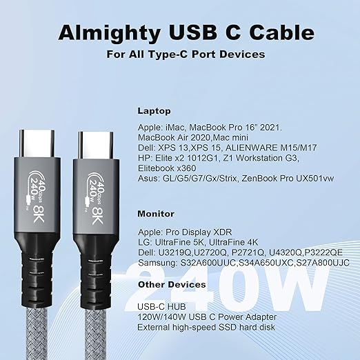 LanSenSu 240W USB4 Cable, 1FT, 40GBps Data Transmission, 240W (48V5A) PD Super Fast Charge, 8K@60Hz HD Extension for Thunderbolt 4, Mobile Phone, Notebook, MAC, SSD, PD3.1 and QC4.0