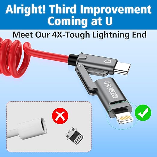 AGVEE 3ft 4-in-1 Coiled Multi USB C Charging Cable, Secure-Slide No-Loss Adapters, Slim Tips Fit Thick Cases, Lightning End Reinforced, PD 60W for iPhone Carplay, Samsung, iPad, Red