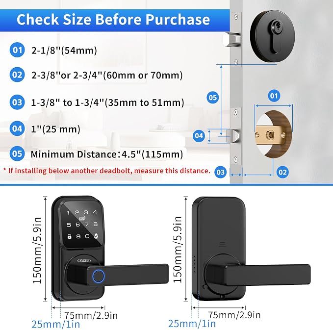 Smart Door Lock with Handle - Keyless Entry Door Lock for Front Door, Touchscreen Keypad Door Knob Lever Lock, Fingerprint Door Handle Lock, Auto Lock, App Control, Easy Installation