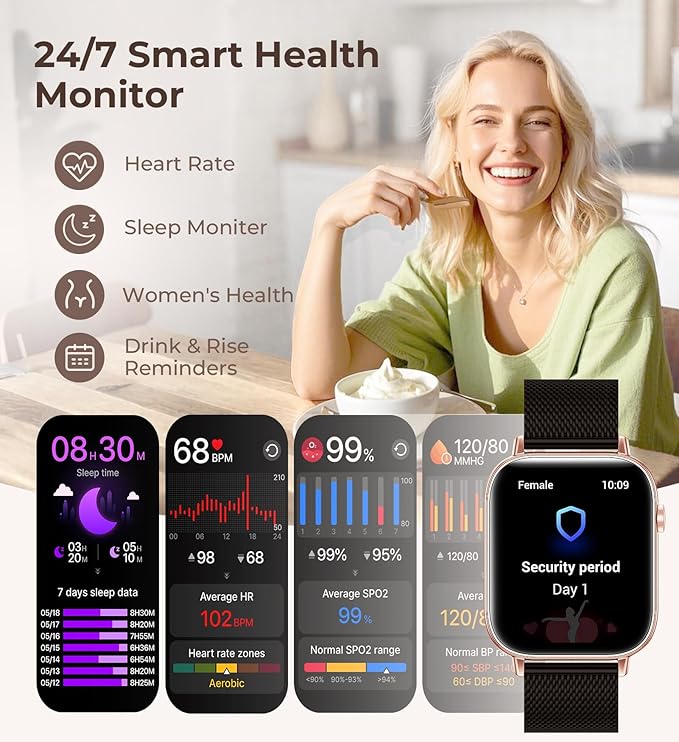 Iaret Smart Watch for Women, 1.83" HD Fitness Tracker with 4 Bands, Answer/Make Calls, Heart Rate/Sleep/SpO2/Step Tracking, 100+ Sport Modes, Android/iPhone Compatible Gift (Black Gold)