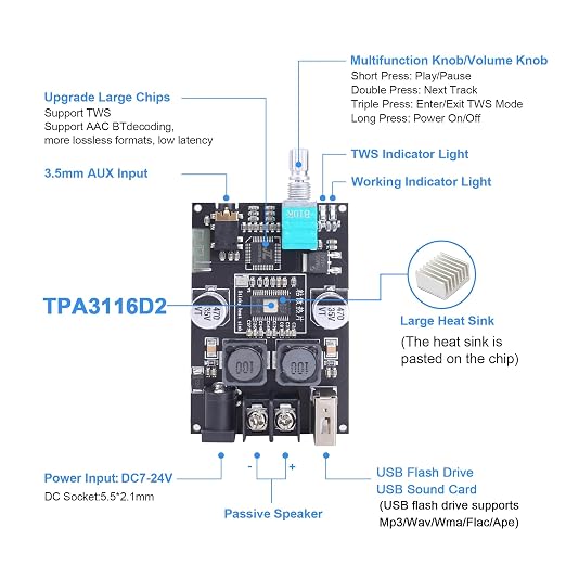 ZK-1001B Mono Bluetooth Amplifier Board with TPA316D2 Chip, Wide Voltage Input DC7-24V Peak Output Power 100W, with TWS Pairing Function