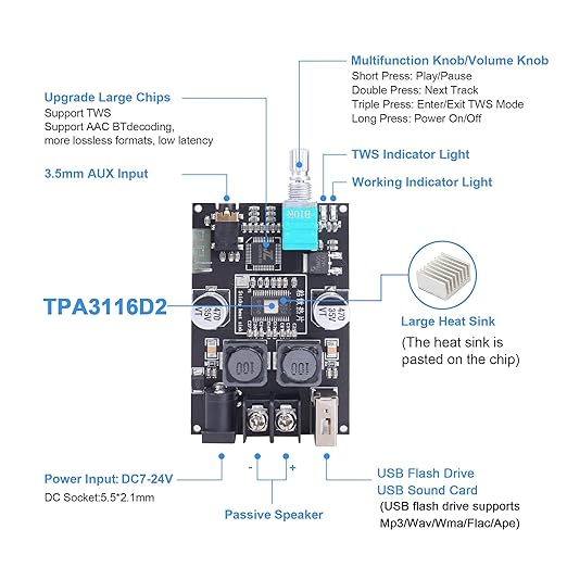2PCS ZK-1001B Mono Bluetooth Amplifier Board with TPA316D2 Chip, Wide Voltage Input DC7-24V Peak Output Power 100W, with TWS Pairing Function