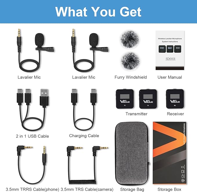 VeGue Wireless Lavalier Microphone System, 2.4GHz Dual Channel Wireless Lapel Mic with Noise Cancellation for DSLR Cameras, Camcorders and Phones, Lavalier Mic for TikTok, Interview and Recording