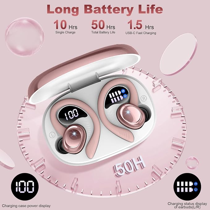 Hupoaf Wireless Earbuds Sport, NEW Bluetooth 5.4 Headphones with Earhooks, 50H Stereo Deep Bass Over Ear Buds with 4 ENC Noise Canceling Mics, IP7 Waterproof Earphones for Running Workout Gym -Pink
