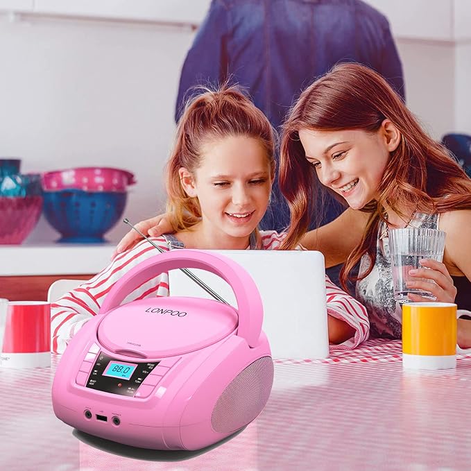 LONPOO Portable Boombox - CD Player, Bluetooth, USB, MP3, AUX, FM Radio, Portable, Built-in Stereo Speakers, Carrying Handle, LCD Display, Pink