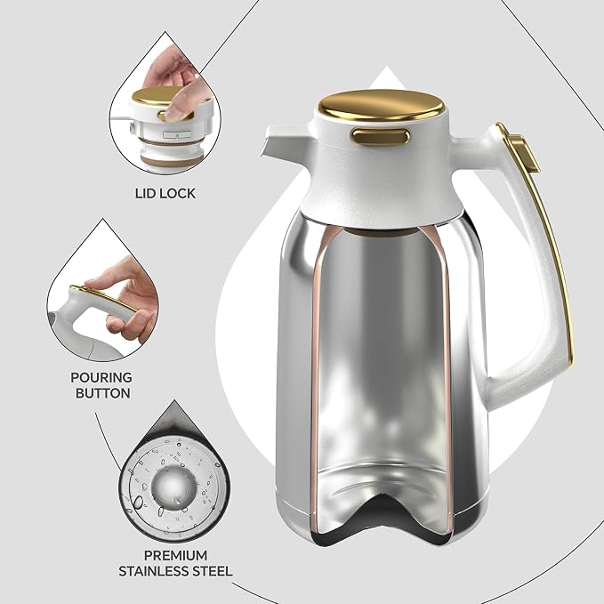 IDEUS Thermal Coffee Carafe, Stainless Steel Double Wall Insulated Vacuum Flask, Water Jug Coffee Server and Beverage Dispenser, Heat and Cold Retention (White-Gold, 68, Fluid Ounces)