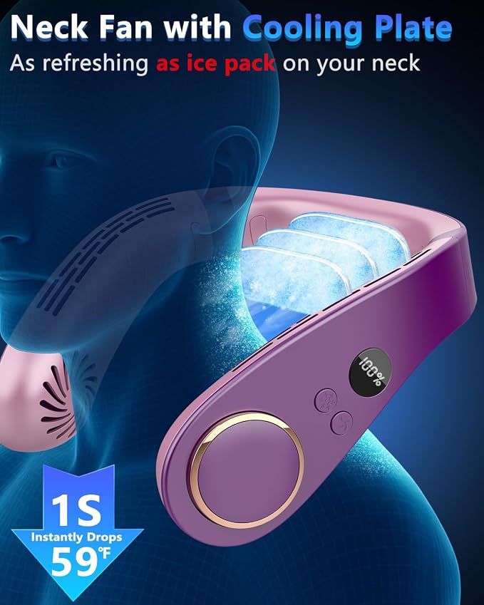Neck Air Conditioner Portable Rechargeable,5500mah Cooling Neck Fans that Blow Cold Air,Best Cute Cold Piece of Metal Neck Cooler Ac,Noiseless Headphones Personal Cool Unit for Woman Man Kid Purple