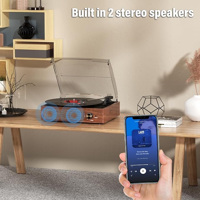 Vinyl Record Player Turntable with Built-in Bluetooth Receiver & 2 Stereo Speakers, 3 Speed 3 Size Portable Retro Record Player for Entertainment and Home Decoration