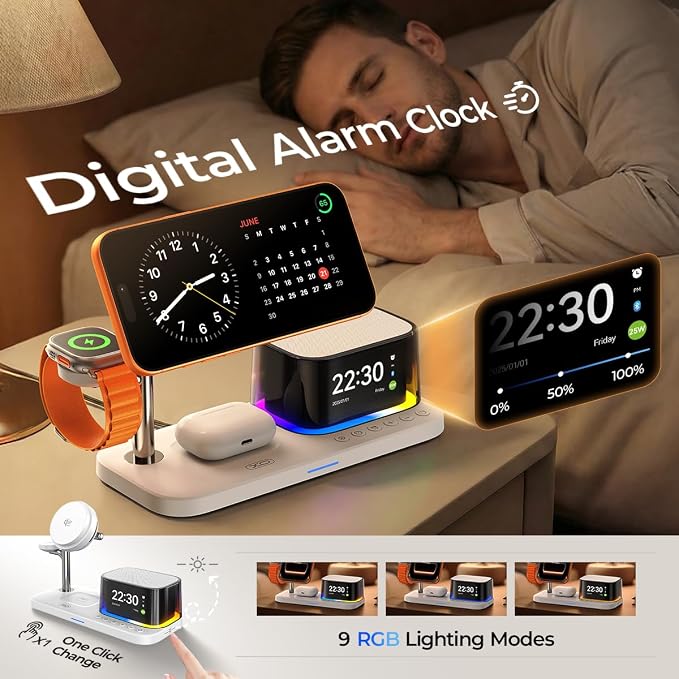 5in1 Charging Station for Apple Device【 25W Fast Charging+Instant Cooling 】QI2.2 Magnetic Wireless Charger with Speaker and Alarm,Built-in Fan&LED Light Compatible with MagSafe for iPhone/Watch/AirPod
