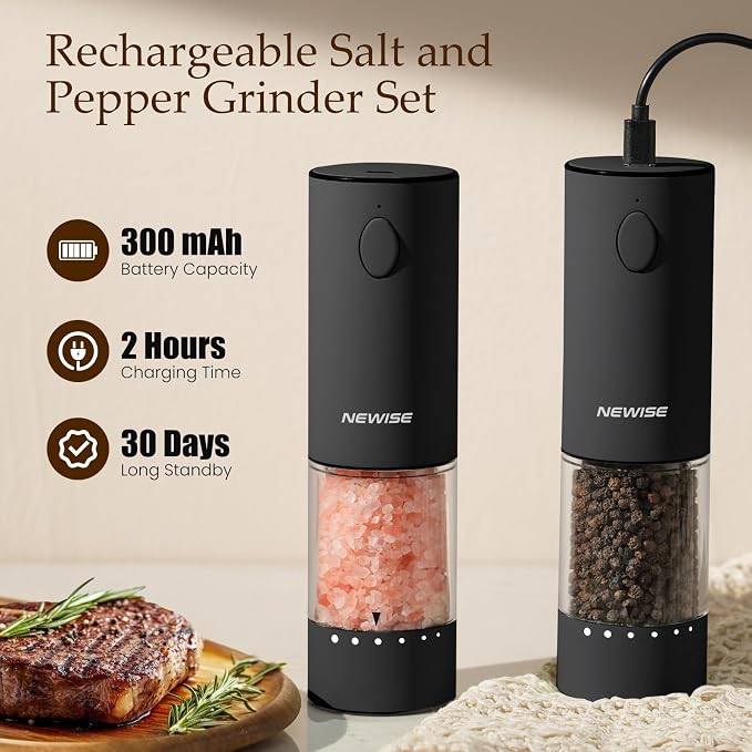 Newise Electric Salt and Pepper Grinder Set, Rechargeable Pepper Mills with LED Light & External Coarseness Adjustment, Kitchen Gadgets for Mom Home Cooks & Families - Black
