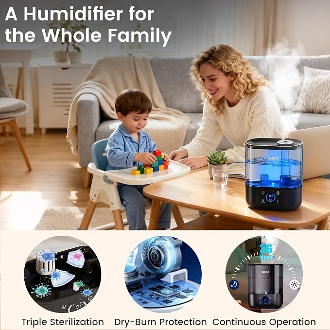 QIDO Top Fill Humidifiers for Bedroom, 5 L Cool Mist 36H Super Long Time, Quiet 28dB Essential Oil Diffuser for Baby & Plants, 3 adjustable Mist with Touch/APP/7-color Nightlight, Black