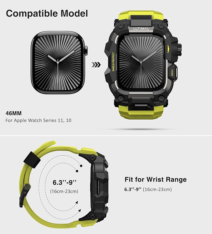 ULTIMAL Rugged Case with Band for Apple Watch 46mm,Compatible with Apple Watch Series 11/10, Military Grade Shockproof Bumper Cover for iWatch Tactical Band Men (46mm,Fluorescent Green)