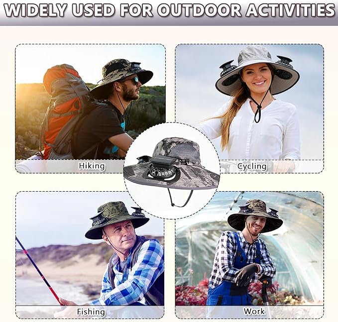 Solar Fan Hat Rechargeable 2Detachable Solar Fans,Water-Repellent Wide Brim Bucket Hat, Outdoor Camping Hiking Golf Sun Hat