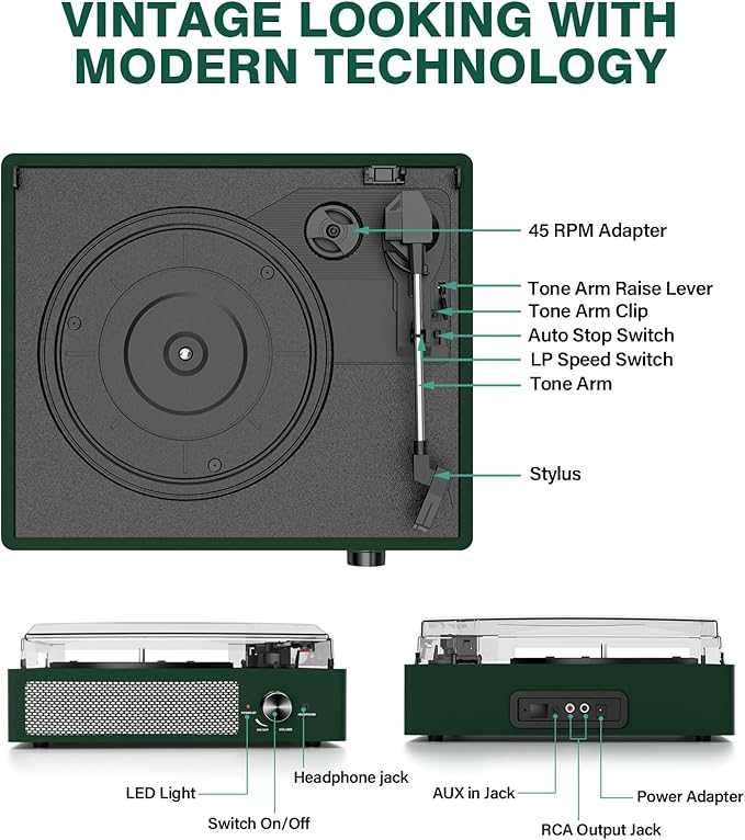 Record Player Bluetooth Turntable with Built-in Speakers & 3 Speed 3 Size Portable Retro Vinyl Record Player for Entertainment and Home Decoration Emerald Green